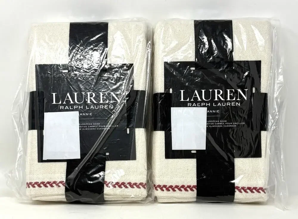Ralph Lauren Annie Leaf Stitch Red Euro Shams Set of 2 Cream Natural Red NWT
